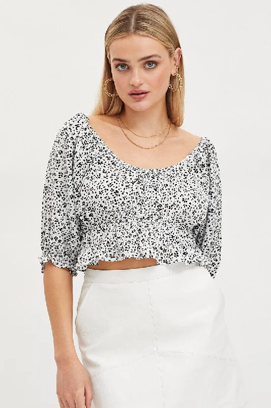 Print Crop Top Short Sleeve Mesh Canvas Denim