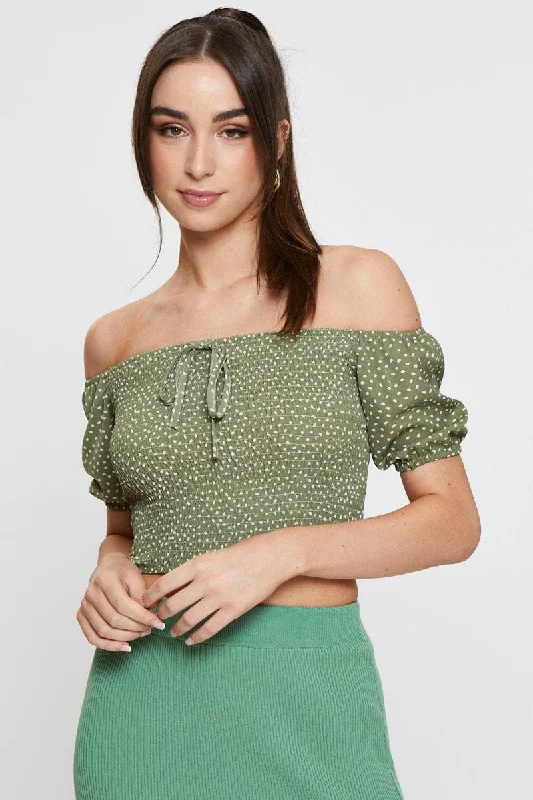 Geo Print Crop Top Three-Quarter Welt Pockets Slit Pockets Flap Pockets