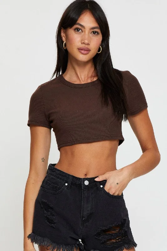 Brown Rib Crop Top Short Sleeve Faux Fur Fabric Real Fur Fabric Shearling Fabric