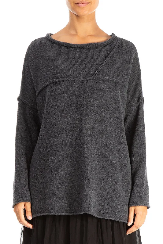 Asymmetrical Seams Dark Grey Wool Sweater High Neck Crew Neck V-Neck