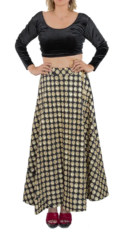 Black Color Silk Skirt with Zari Flowers cashmere skirt soft