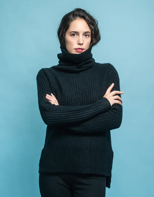 Rib Knit Turtleneck Sweater in Black Nylon Fabric Polyester Fabric Spandex Fabric