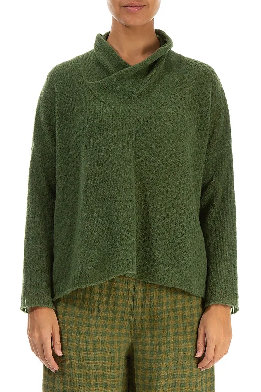 Boxy Cowl Neck Dark Sage Wool Sweater Lightweight Heavyweight Midweight