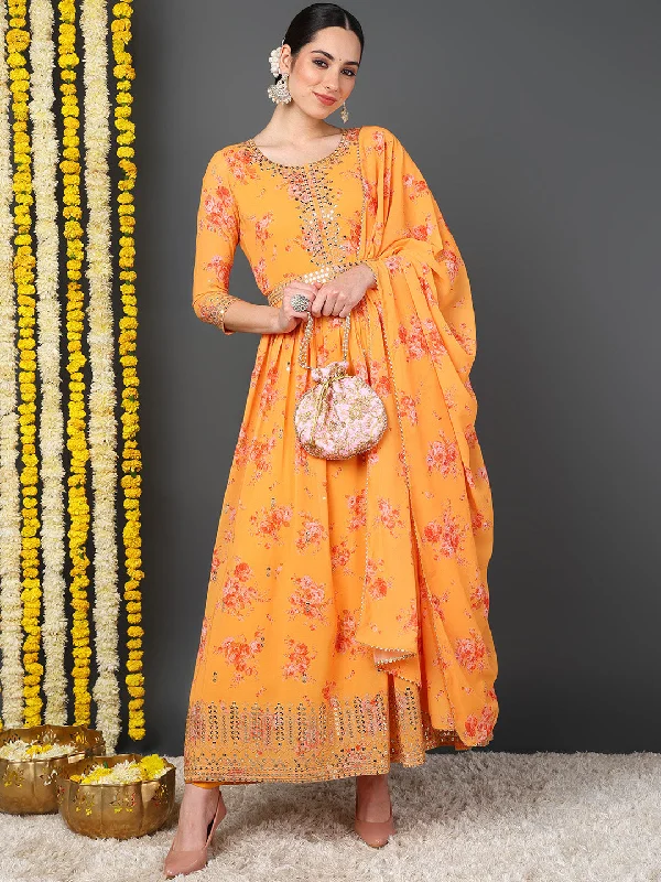 Orange Georgette Floral Printed Flared Kurta Trouser With Dupatta Trousers Running Lightweight