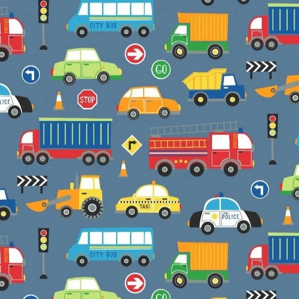 Vehicles Blue Printed Cotton Jersey Fabric Lavender Jersey Tee