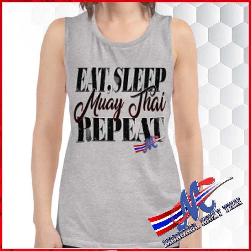 Mongkol Eat, Sleep, Muay Thai, Repeat Ladies’ Muscle Tank solid color tank