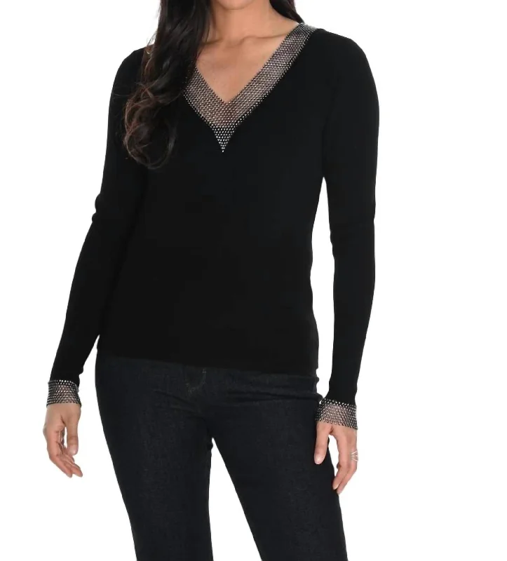 V-Neck Sweater With Crystal Stone Detail In Black Soft Cozy Warm
