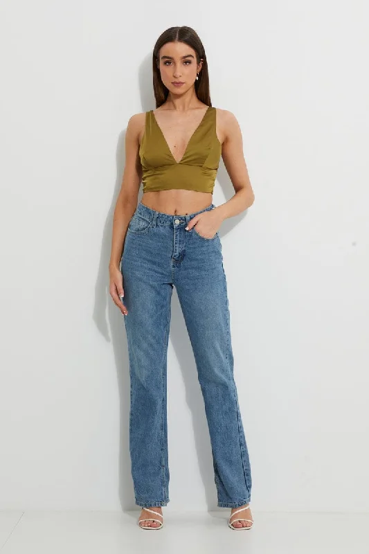 Green Designer Plunge Satin Crop Top Lace Blend Ribbed Blend Corduroy Blend