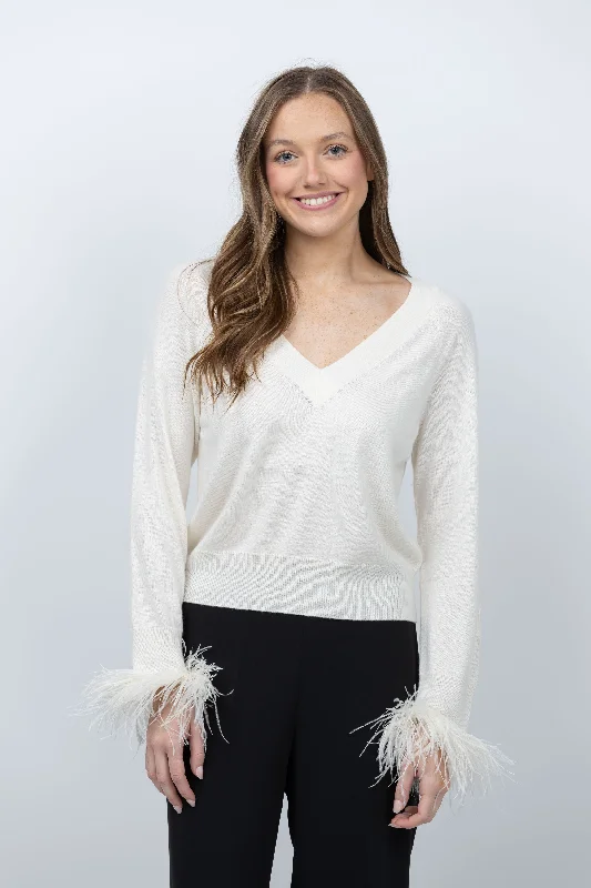 Milly Feather Cuff V-Neck Sweater in Ecru Solid Print Embellished