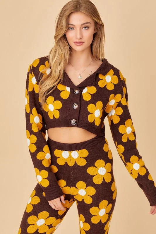 Living The Life Brown Daisy Print Knit Sweater Stretchy Elastic Breathable