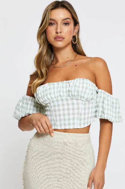 Check Crop Top Off Shoulder Short Sleeve Spandex Blend Rayon Blend Denim Blend