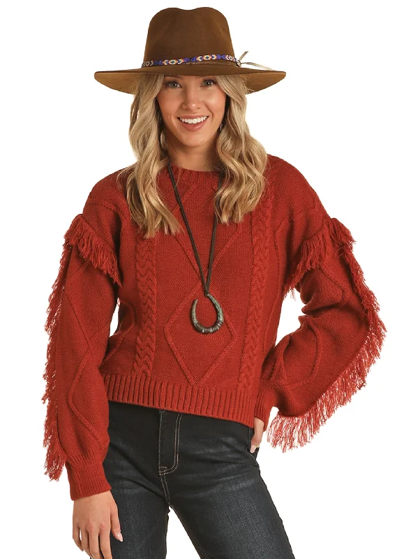 Rock & Roll Cowgirl Women's Fringe On Sleeves Sweater Rust Satin Fabric Silk Fabric Chiffon Fabric