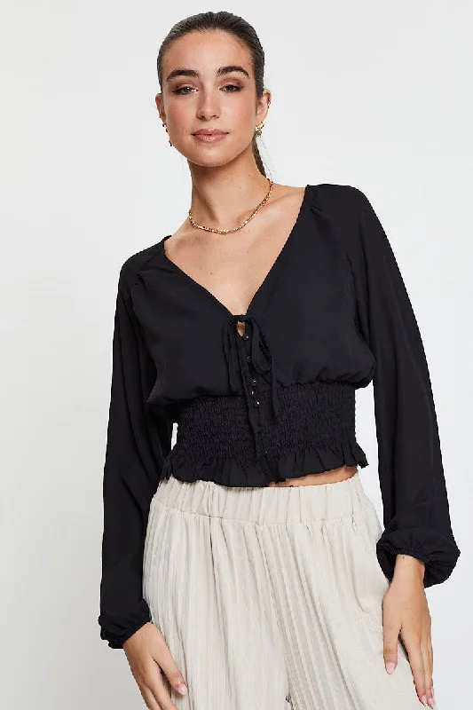 Black Crop Top Long Sleeve V-Neck Anti-Shrink Durable Soft