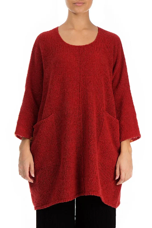 Two Pockets Red Wool Sweater Transparent Opaque Sheer