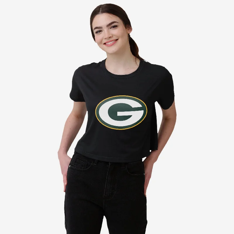 Green Bay Packers Womens Black Big Logo Crop Top Hooded Caped Shawl Collar