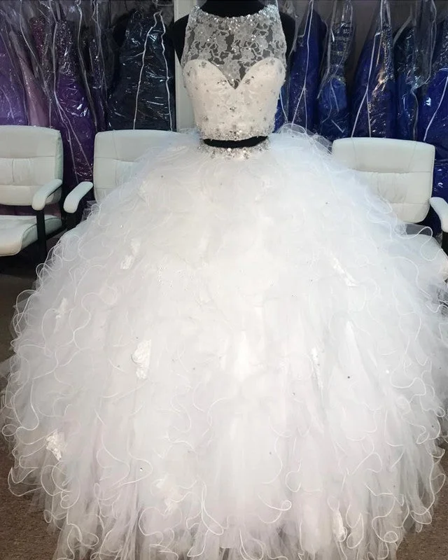 Lace Crop Top Organza Ruffle Ball Gowns Quinceanera Dresses Two Piece Notch Collar Peter Pan Collar Cowl Neck