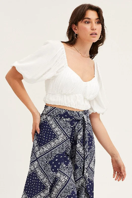 White Crop Top Short Sleeve Sweetheart Beaded Sequined Faux Fur