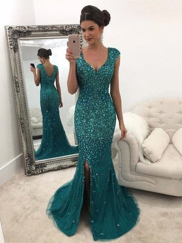 A-Line/Princess V-Neck Sleeveless Sweep/Brush Train Sequin Tulle Dresses Tunics Travel practical