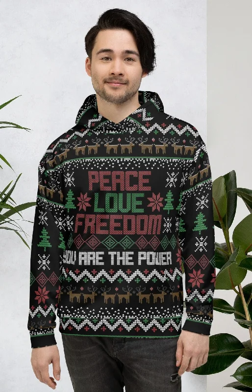 Peace Love and Freedom Ugly Christmas Sweater Unisex Hoodie Handmade Hand-knitted Hand-woven