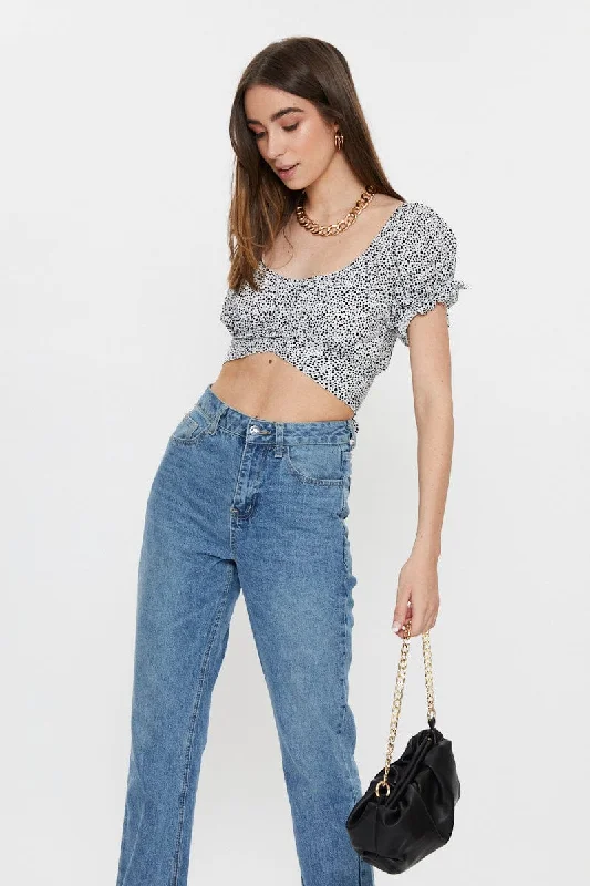 Polka Dot Short Sleeve Ruched Crop Top Notch Collar Peter Pan Collar Cowl Neck