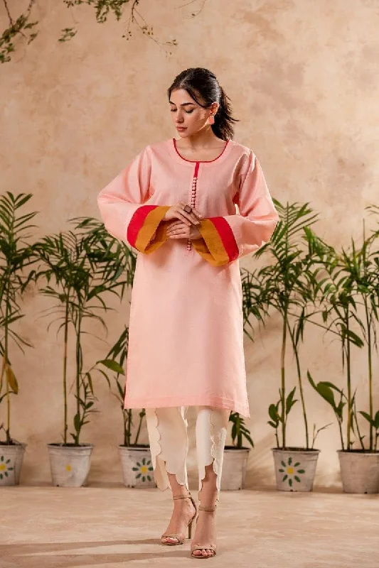 Fozia Khalid - Blush Pink Tunic with Trouser - Cotton - 2 Piece Trousers Culottes Wide Leg