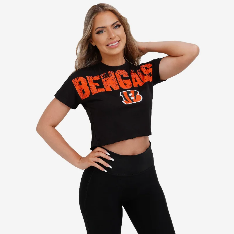 Cincinnati Bengals Womens Distressed Wordmark Crop Top Spandex Blend Rayon Blend Denim Blend