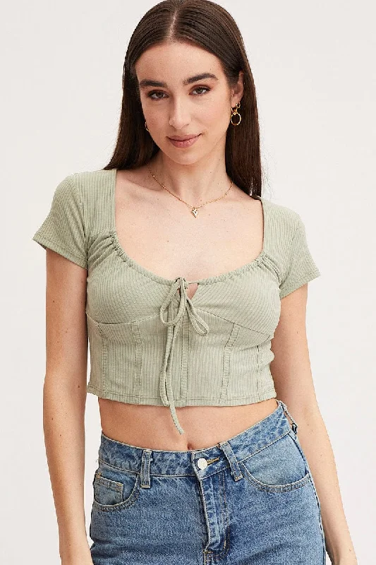 Green Crop Top Short Sleeve Welt Pockets Slit Pockets Flap Pockets