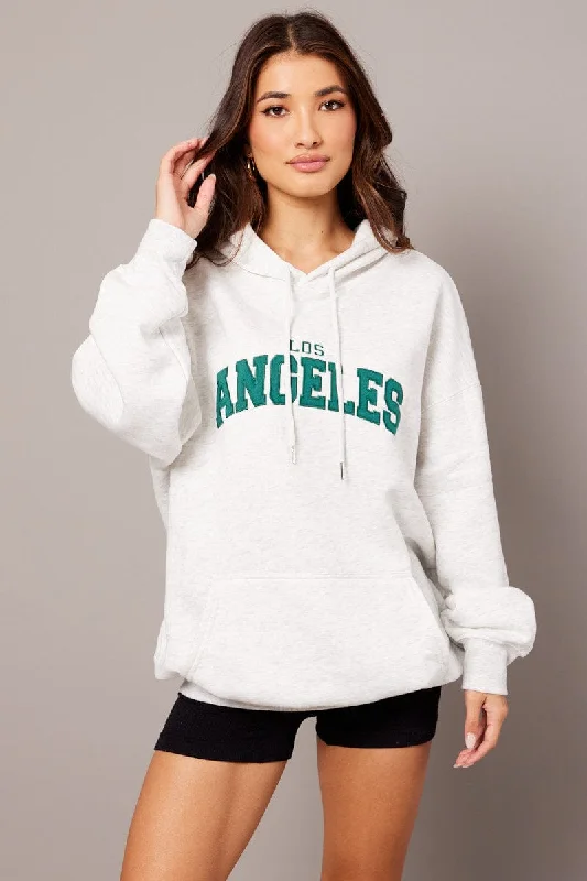 Grey Graphic Sweater Long Sleeve Hoodie Toggled Drawstring Belted