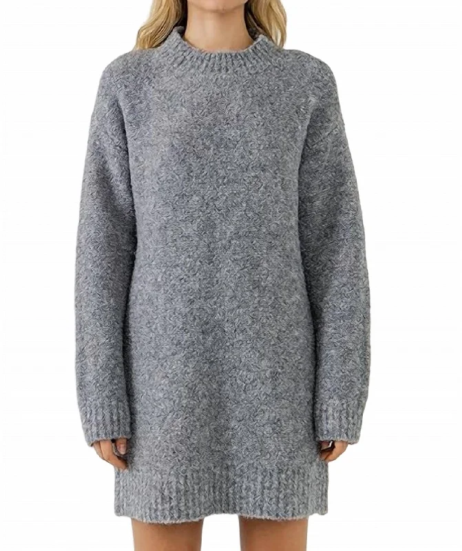 Cozy Round Neck Sweater Dress In Grey Fleece Sweater Nylon Polyester