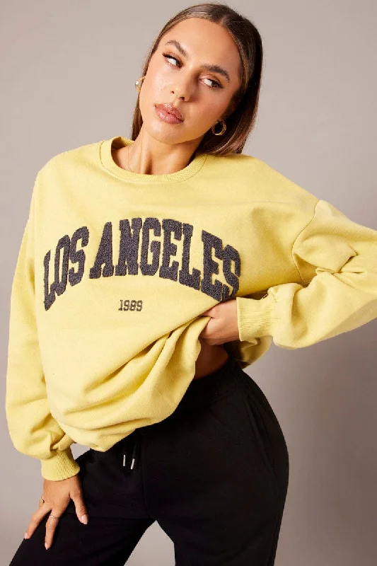 Yellow Graphic Sweater Long Sleeve Fleece Fabric Down Fabric Feather Fabric