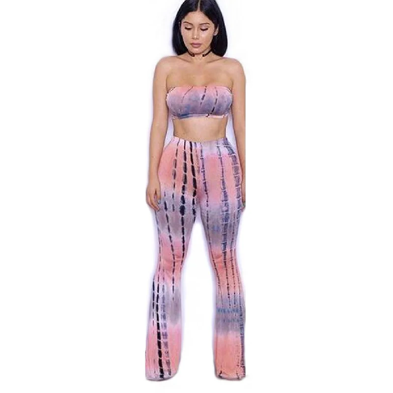 Tie Dye 2 Piece Set Women Jumpsuit Long Romper Strapless Crop Top And Flare Pants Casual Bodysuit Fashion Playsuit Overalls Real Fur Shearling Chenille