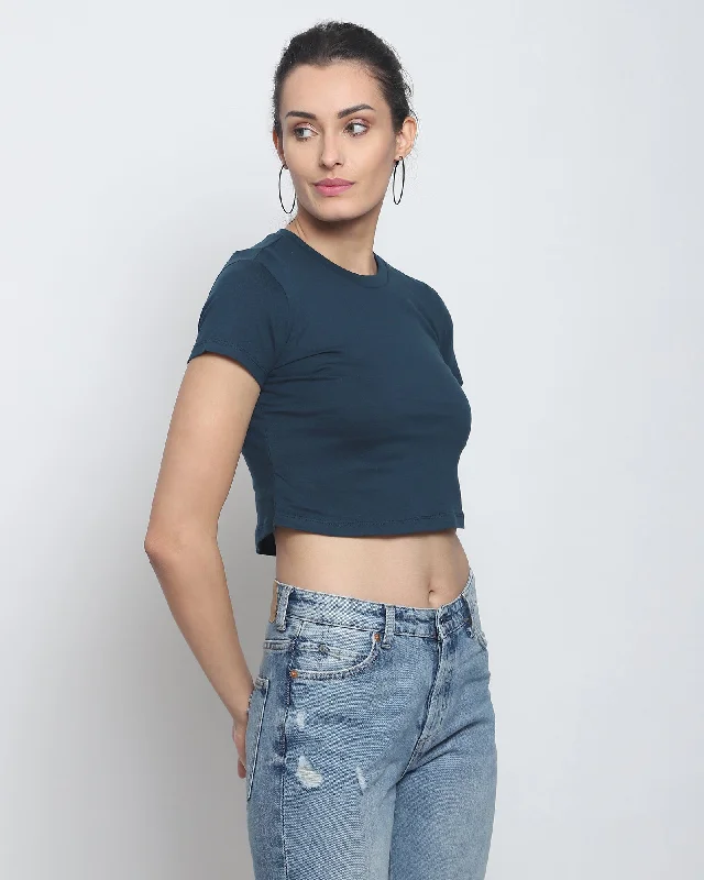 Crop Top: Solid Deep Teal Blue Front Pockets Side Pockets Patch Pockets