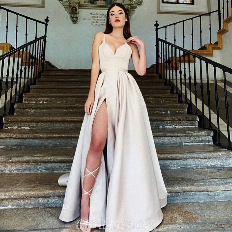 Simple A-line Spaghetti Straps Satin Sexy Slit Prom Dress, FC3759 Tunics Occasion special Simple A-line Spaghetti Straps Satin Sexy Slit Prom Dress, FC3759 Tunics Occasion special