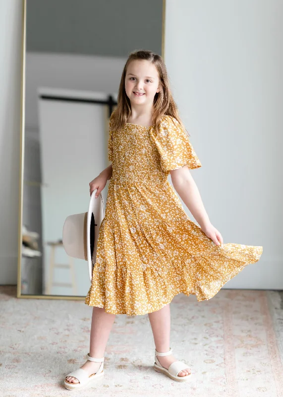 Girls Mustard Smocked Dress With Bell Sleeves Maxi Flowy Bohemian