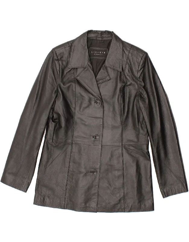 VINTAGE Womens Leather Jacket UK 14 Medium Black Leather A-Line Jacket Boat Neck Shawl Collar