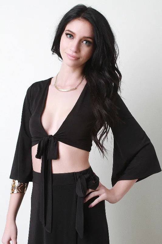 Tie-Front Bell Sleeves Crop Top Cashmere Blend Cotton Blend Poly Blend