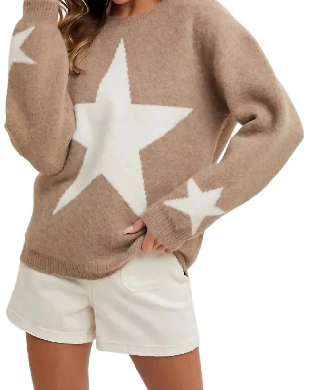 Aubrey Star Print Sweater In Latte Tailored Straight A-Line