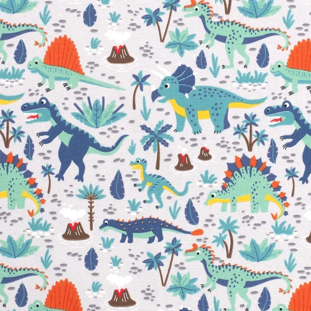 Light Grey Dino Adventure Cotton Jersey Fabric Limited Edition Jersey Tee
