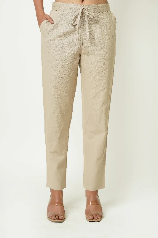 Beige Cotton Women's Trousers Trousers Leather Faux