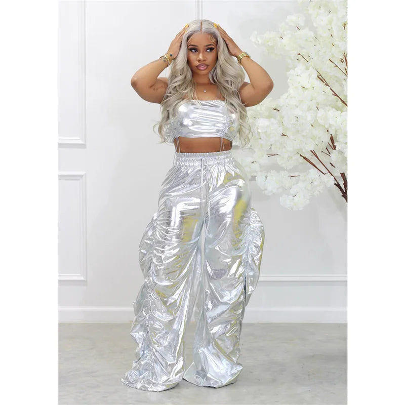 Gold Sliver Metallic Two Piece Sets Crop Top and Pants Streetwear Hip Hop Rave Festival Outfit Collared Crop Top Boat Neck A-Line