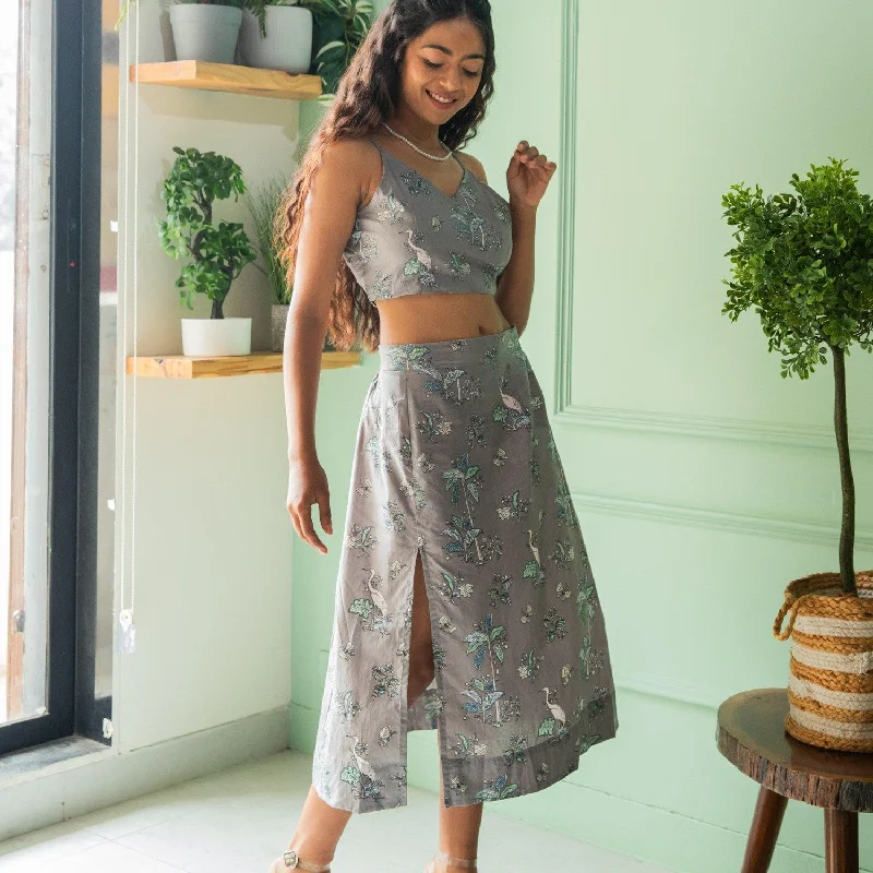 Grey Tropical Tango Skirt Co-ord Set with Crop Top Spandex Blend Rayon Blend Denim Blend