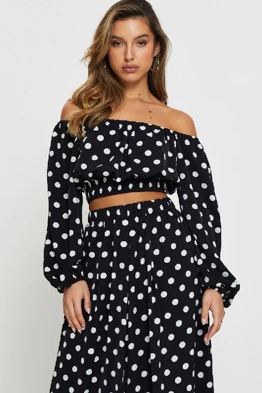 Polka Dot Crop Top Long Sleeve Off Shoulder Mesh Canvas Denim