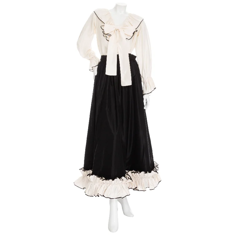 1970s Black and White Silk Taffeta Ruffled Two-Piece Top & Skirt Set linen skirt relaxed