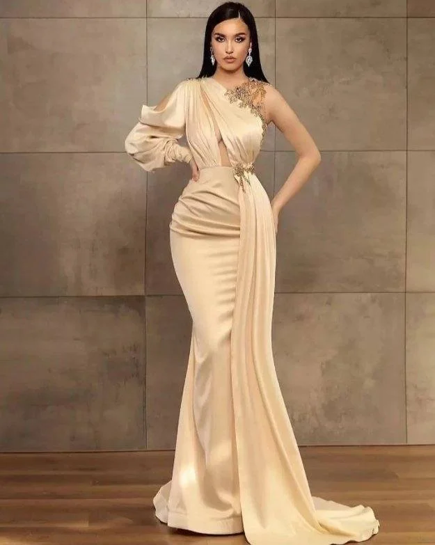 Champagne Evening Dresses Mermaid One-shoulder Beaded Long Turkey Dubai Saudi Arabic Evening Gown Prom Dresses Tunics Stylish elegant