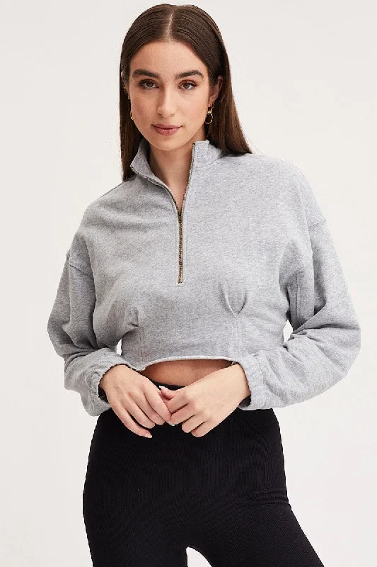 Grey Zip Front Sweater Long Sleeve Solid Color Striped Floral Print