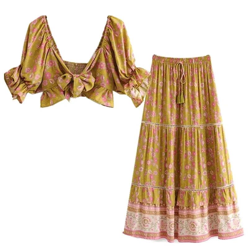 Cara's Boho Bow Front Crop Top Matching Maxi Skirt Crop Top Seamless Stretchy