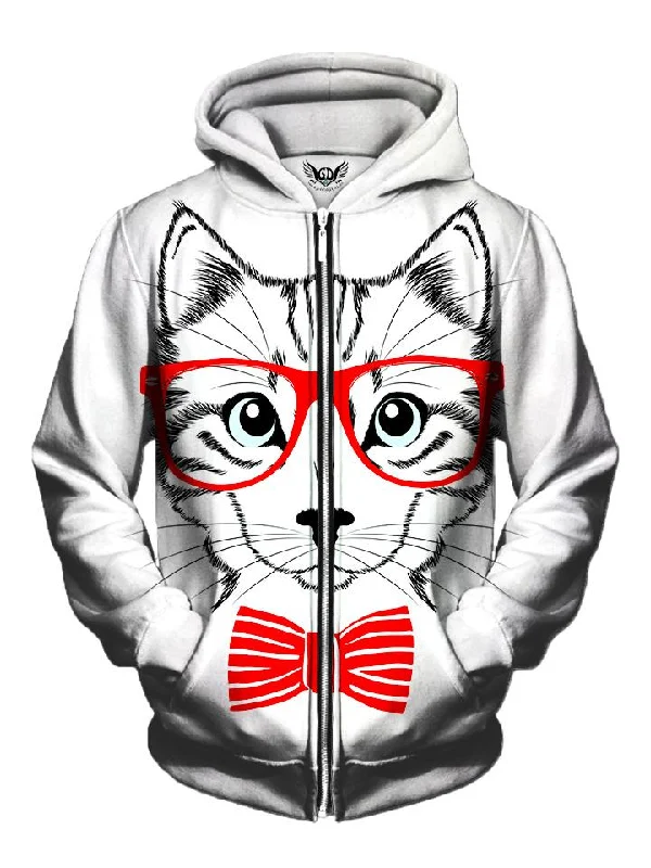 Four Eyes Bow Tie Kitty Cat Zip-Up Hoodie Hoodie with Oversized Fit Loose Comfortable