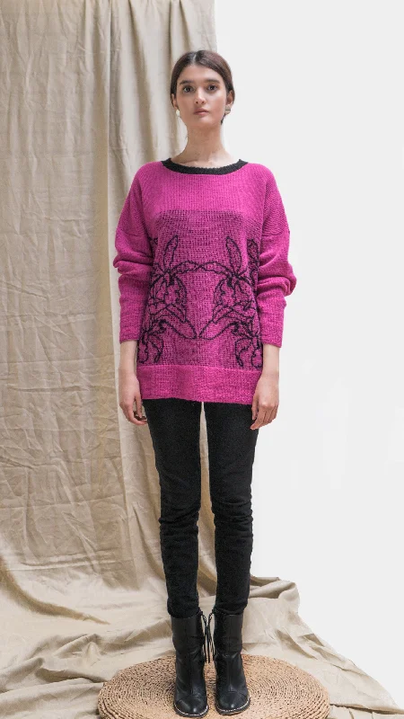 Alpaca Orchid Sweater - Fuchsia and Black Mesh Sweater Canvas Denim