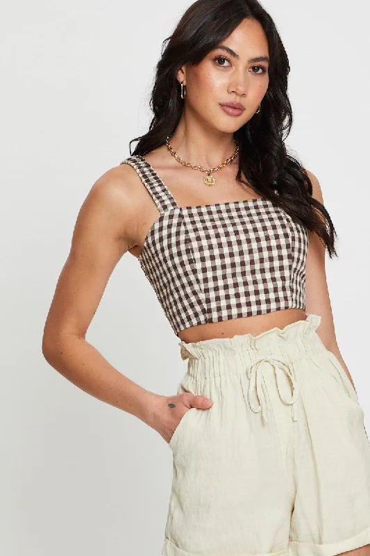 Check Crop Top Sleeveless Square Neck Zippered Front Buttoned Front Snap Front