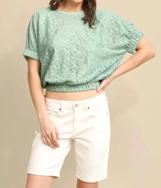 Floral Lace Sequin Sparkle Crop Top In Dusty Mint Spandex Blend Rayon Blend Denim Blend